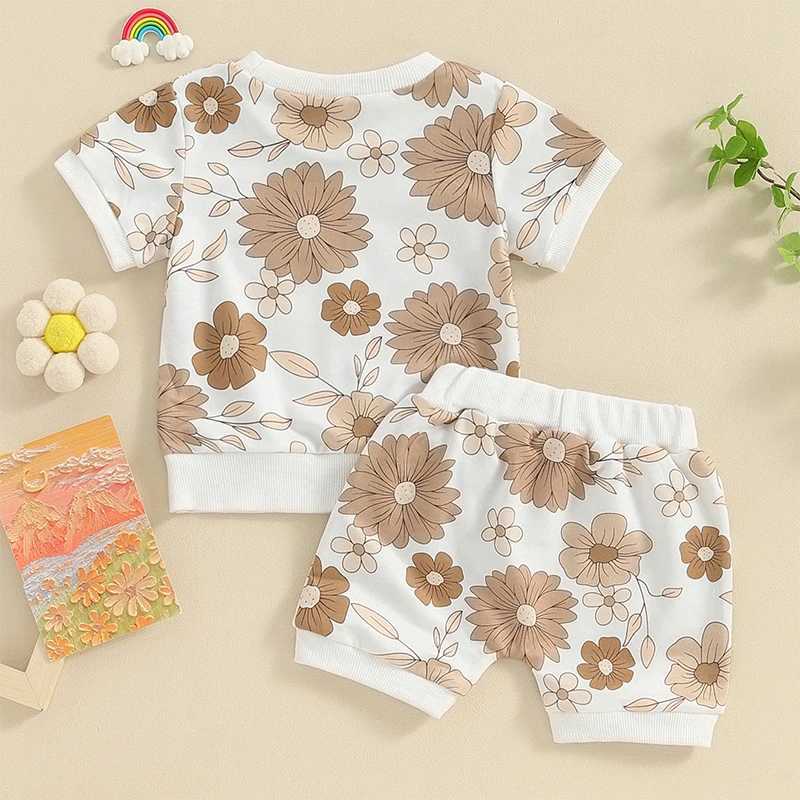 Clothing Sets Lioraitiin Newborn Baby Girls Summer Clothes Sets Kids Casual Outfits Floral Print Short Sleeve T-shirts+Pocket Shorts Beachwear R240708