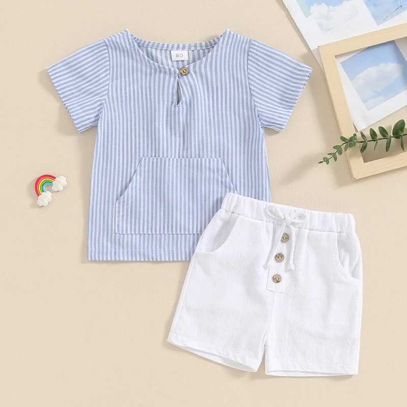 Clothing Sets Pudcoco 2Pcs Baby Boy Summer Outfits Short Sleeve Striped Print T-Shirt Button Shorts Set Toddler Clothes 6M-4T R240708