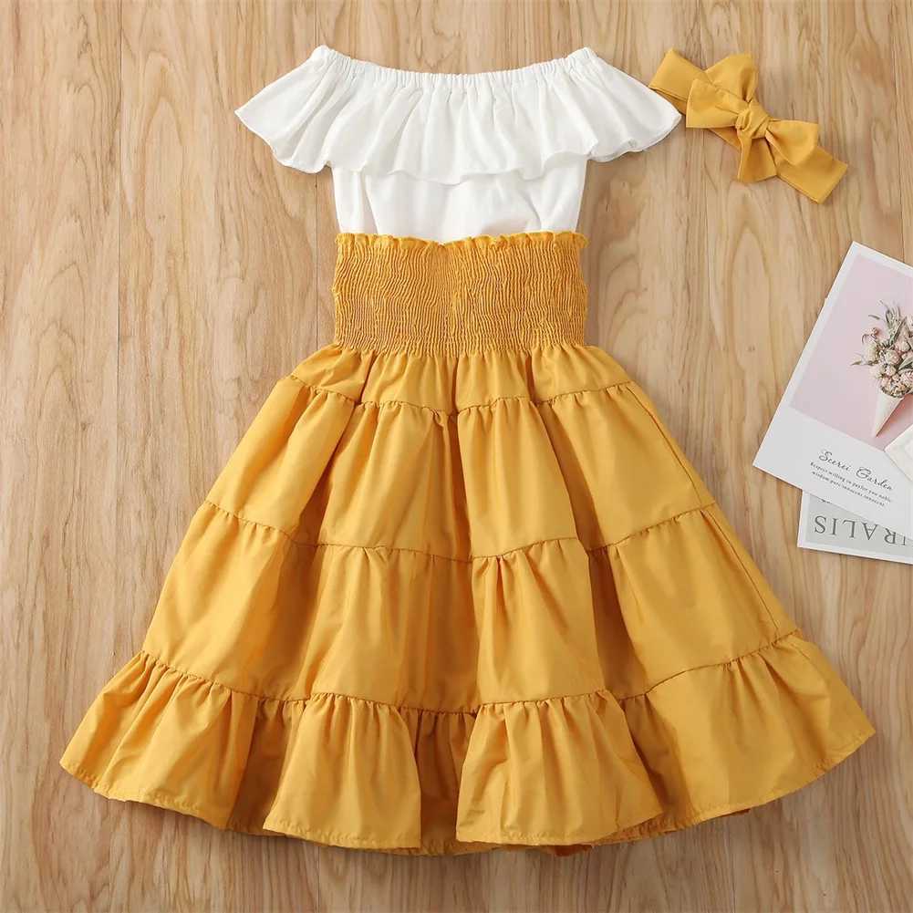 Clothing Sets Toddler Kids Baby Girls Off Shoulder Ruffle Top Shirt Elastic Waist Dress Headband 3Pcs Solid Summer Outfit Set Clothes 2-7T R240708
