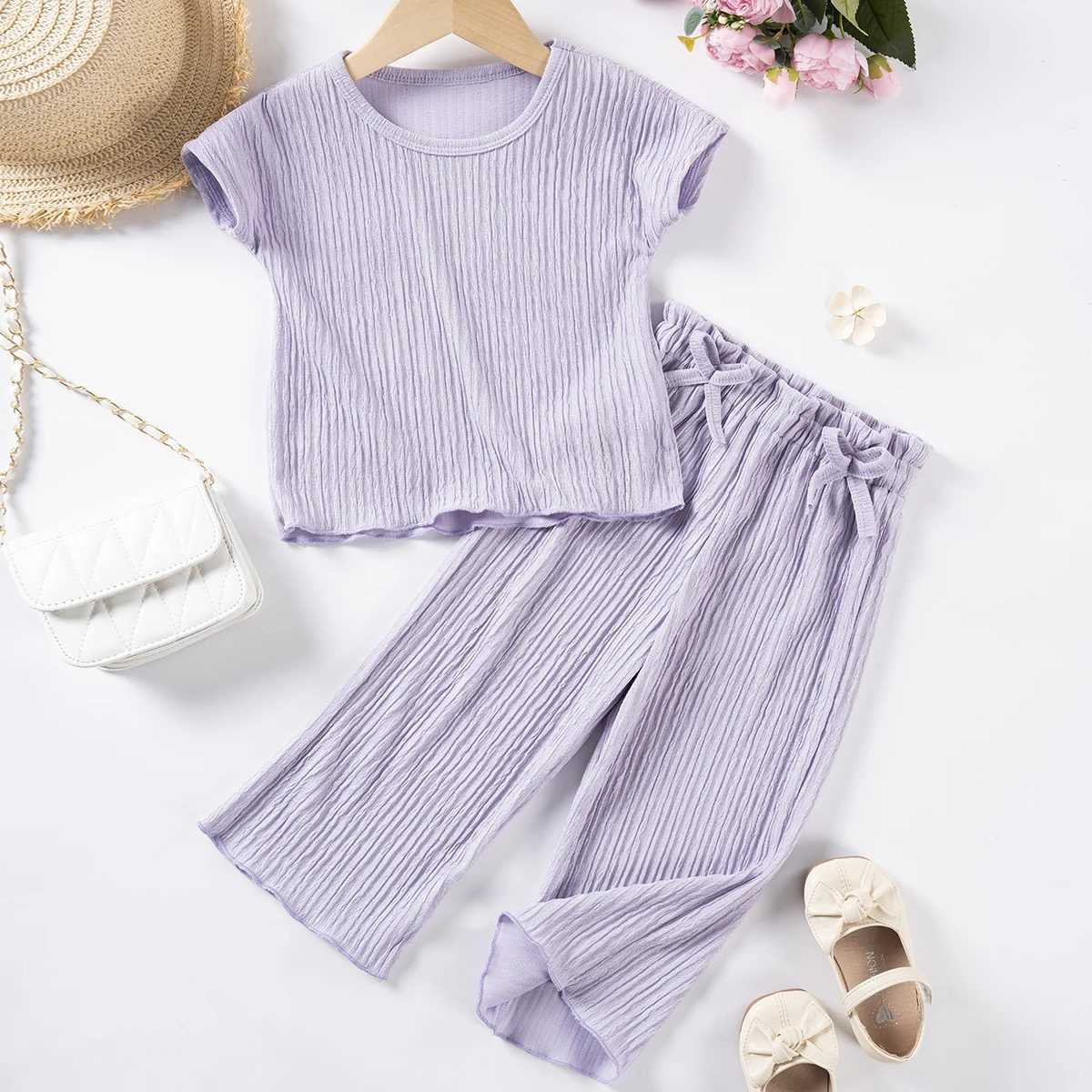 Clothing Sets Spring and Autumn Girls Short Sleeve Long Pants Solid Color Clothes Set Casual Comfortable Princess Kids Cotton Clothing R240708