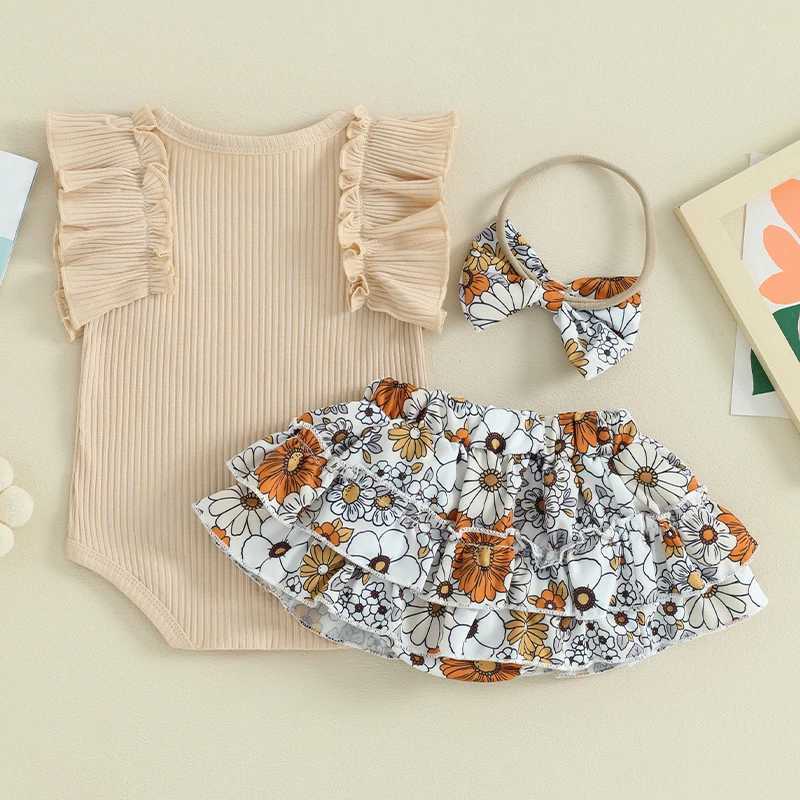 Clothing Sets Pudcoco Baby Girl Summer Clothes Ruffles Romper and Elastic Floral Skirt Shorts Headband Set 3 Piece Outfits 0-18M R240708