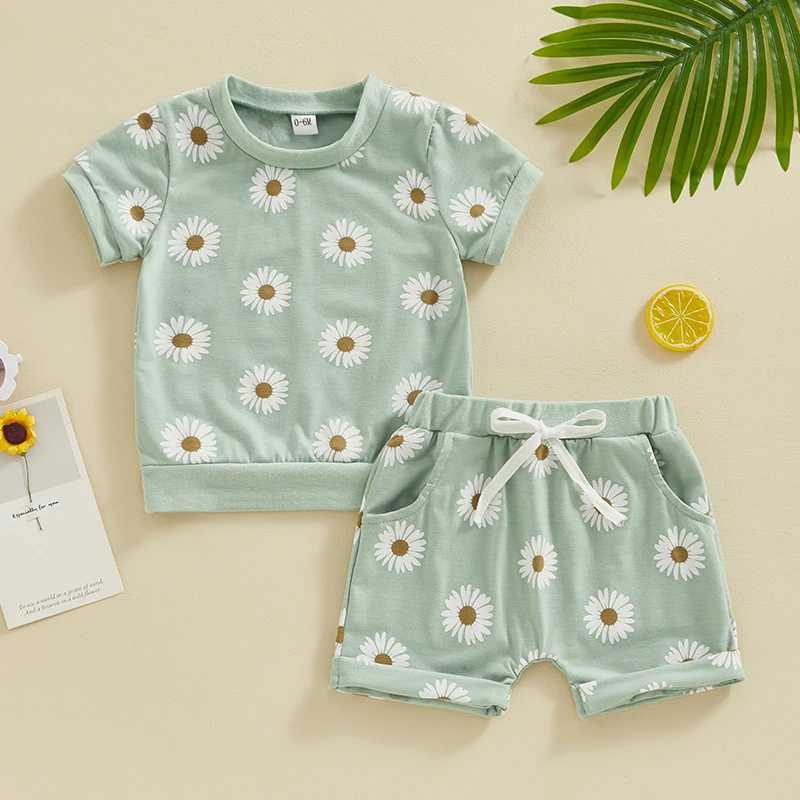 Clothing Sets Lioraitiin Toddler Newborn Baby Girls Summer Clothes Short Sleeve Daisy Print Crew Neck T-Shirt Elastic Rolled Shorts Set R240708