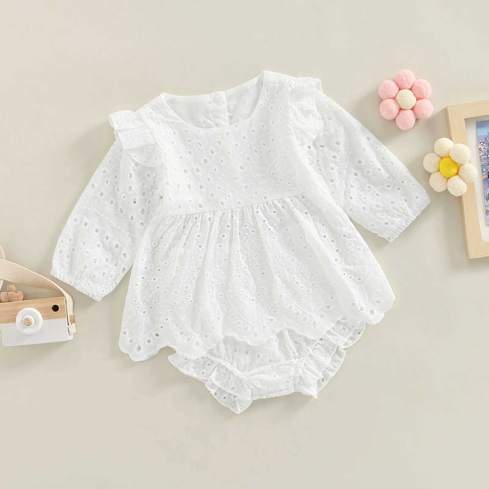 Clothing Sets Toddler Baby Girl Clothes 2Pcs Set Solid Color Cutout Round Neck Long Sleeve T-shirt Tops and Elastic Casual Ruffle Shorts 3-24M R240708