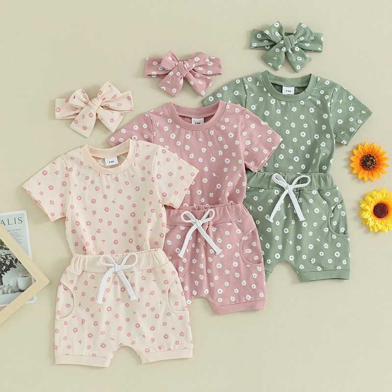 Clothing Sets 2023-12-14 Lioraitiin Toddler Baby Girls Clothes Sets Floral Print Short Sleeve T-shirtswith Shorts and Hairband Summer Outfit R240708