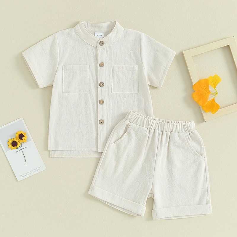 Clothing Sets Pudcoco Kids Boys Summer Linen Outfits Solid Color Buttons Short Sleeve Tops and Elastic Waist Shorts 2Pcs Clothes Set 6M-5T R240708