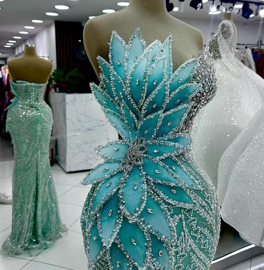 2024 Aso Ebi Sage Prom Dresses Crystals Florals Sequined Evening Formal Party Second Reception Birthday Celebrity Engagement Gowns Dress Robe De Soire