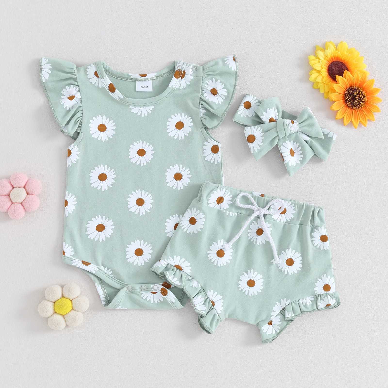 Clothing Sets Pudcoco Infant Newborn Baby Girl 3 Piece Clothes Daisy Print Romper and Ruffle Elastic Shorts Headband Set Summer Outfits 0-18M R240708