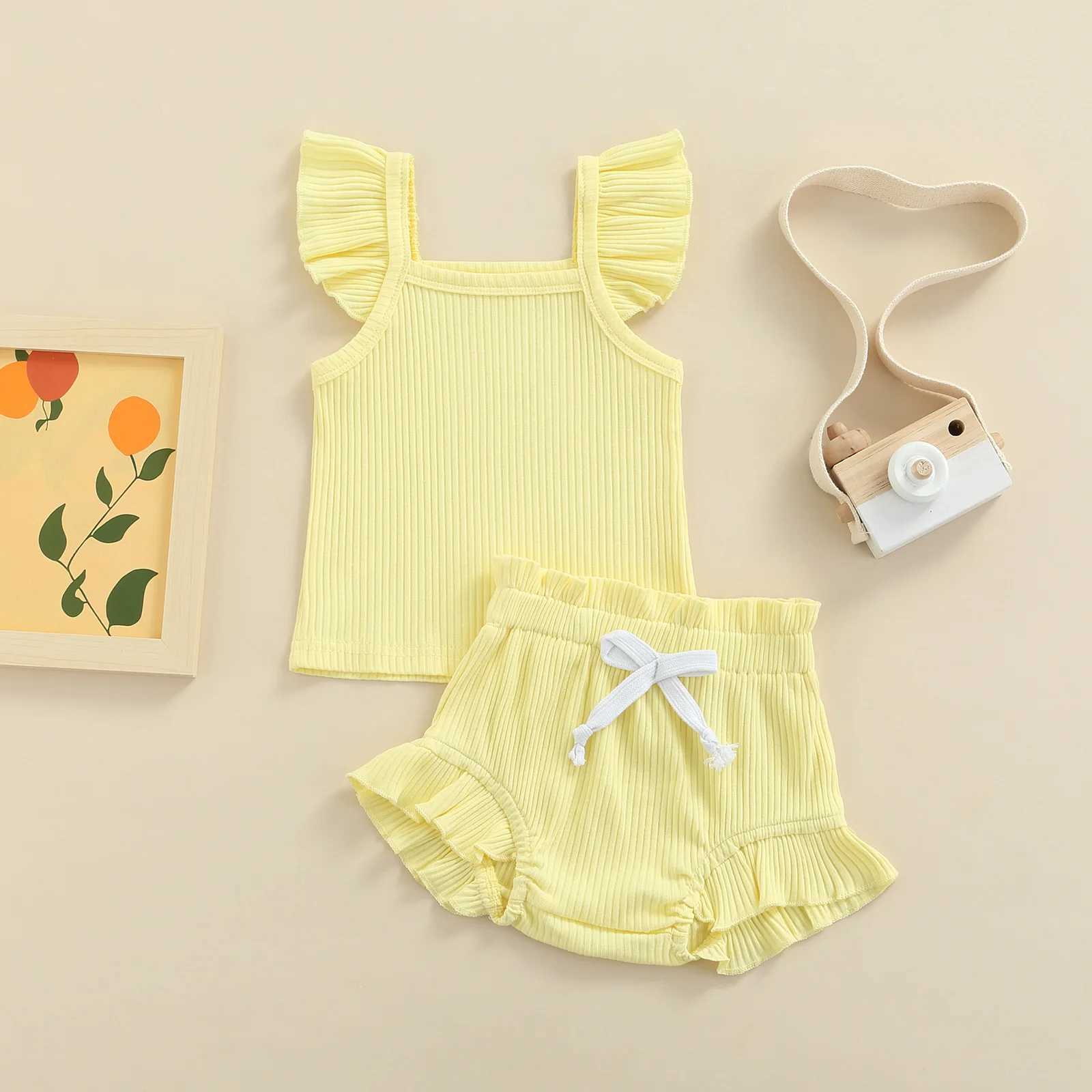 Clothing Sets Newborn Infant Baby Girl Two-Piece Solid Outfits Solid Color Flying Sleeve Romper + Elastic Drstring Short Pants R240708