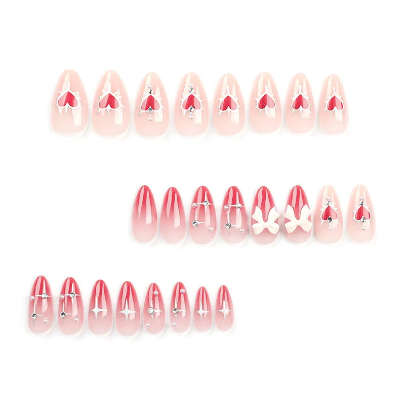 24 Valentines Day long almond shaped pearl bow love nails with 1 file and 1 jelly gel 240705