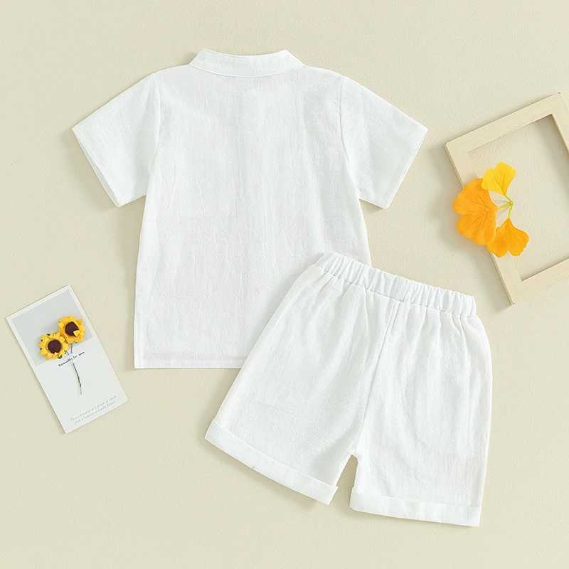 Clothing Sets Pudcoco Kids Boys Summer Linen Outfits Solid Color Buttons Short Sleeve Tops and Elastic Waist Shorts 2Pcs Clothes Set 6M-5T R240708