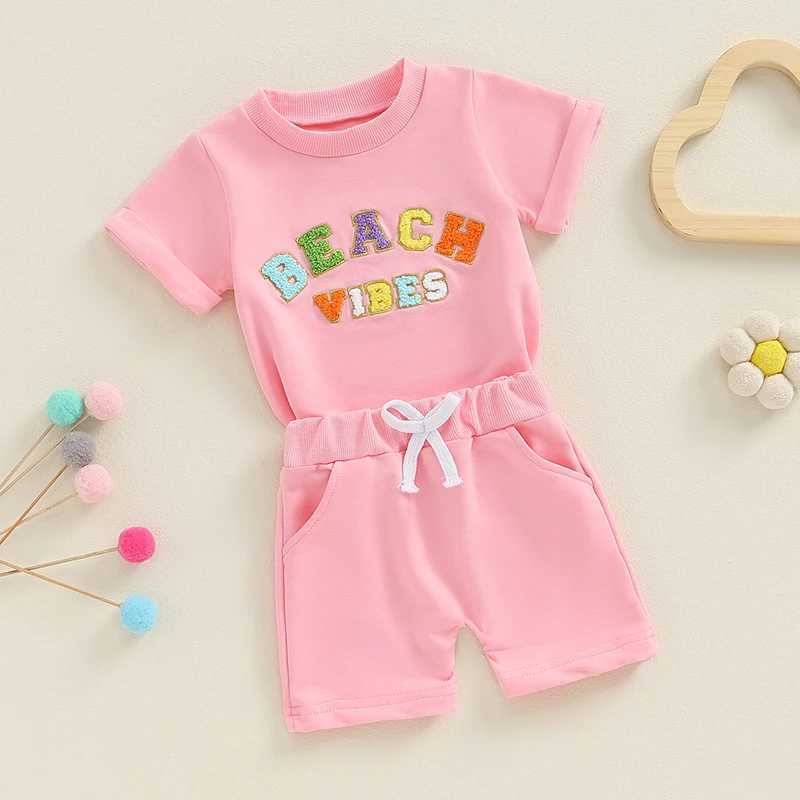 Clothing Sets 2024-04-25 Lioraitiin Baby Girls Shorts Set Short Sleeve Embroidery Letters T-shirt with Elastic Waist Shorts Summer Outfit R240708