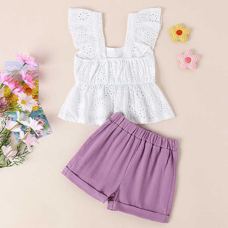 Clothing Sets Pudcoco Girls Shorts Set Ruffles Flutter Sleeve Hollow Eyelet Embroidery Camisole Tops Elastic Waistband Shorts Outfits 6M-4T R240708