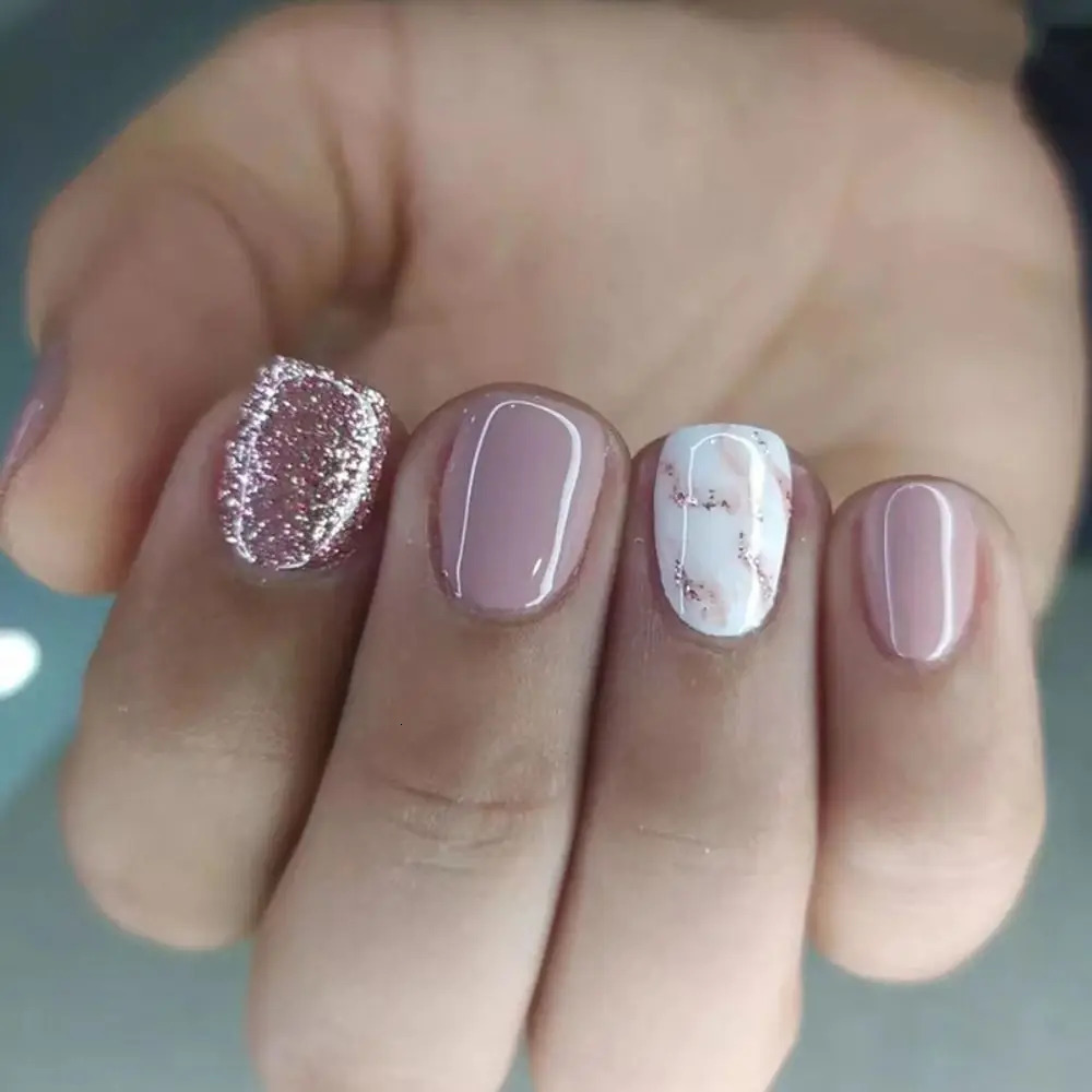 24 short square false nails pressed on the nails French fairy pink sparkling diamond mountain veins fully covered with detachable nail tips 240705