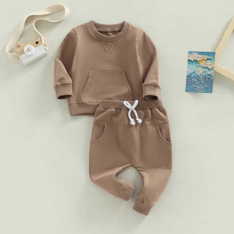 Clothing Sets 0-3Y Baby Autumn Clothes Set Girls Boys Solid Color Casual Outfits Toddler Kids Long Sleeve Pocket Sweatshirts Tops Pants Set R240708
