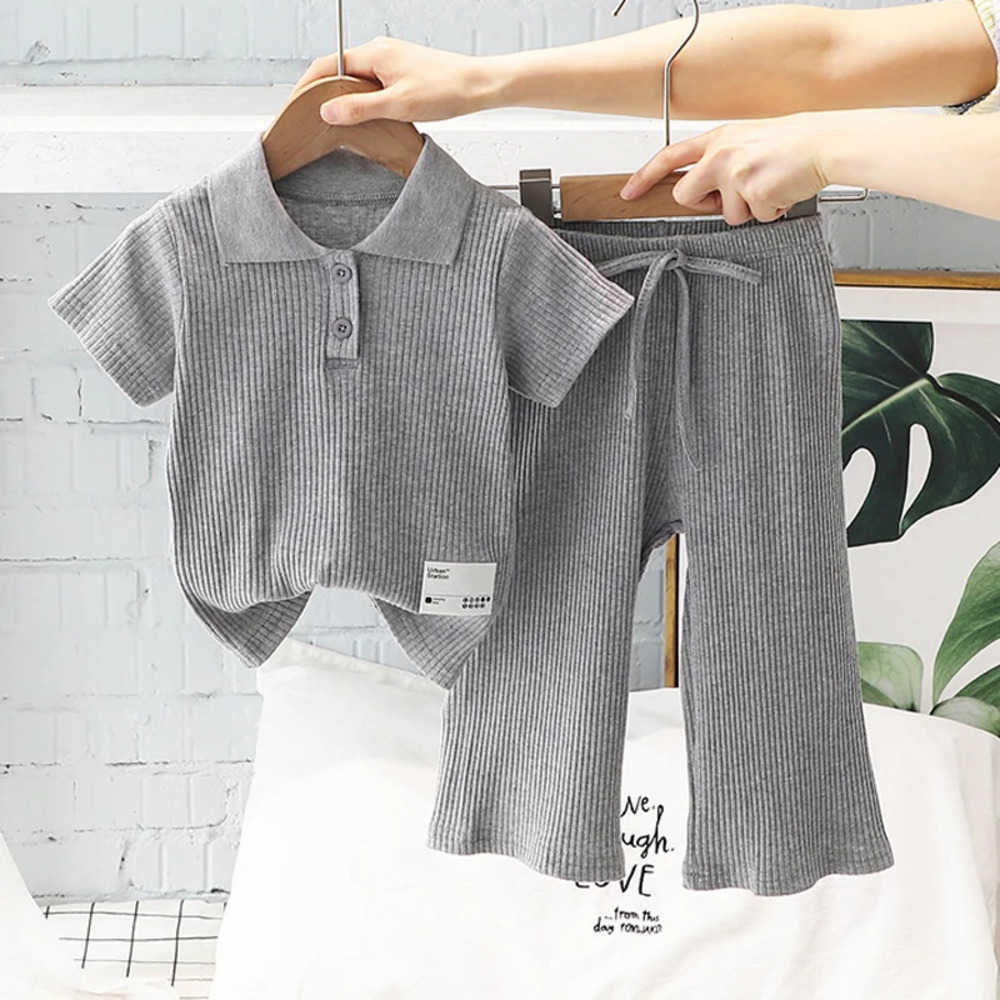 Clothing Sets Girls Summer Clothing Suit Children Short-Sleeved Polo Shirt Wide Leg Pants 2Pcs Sets Baby Loungewear Fashion Pit Stripe Outfits IXVU