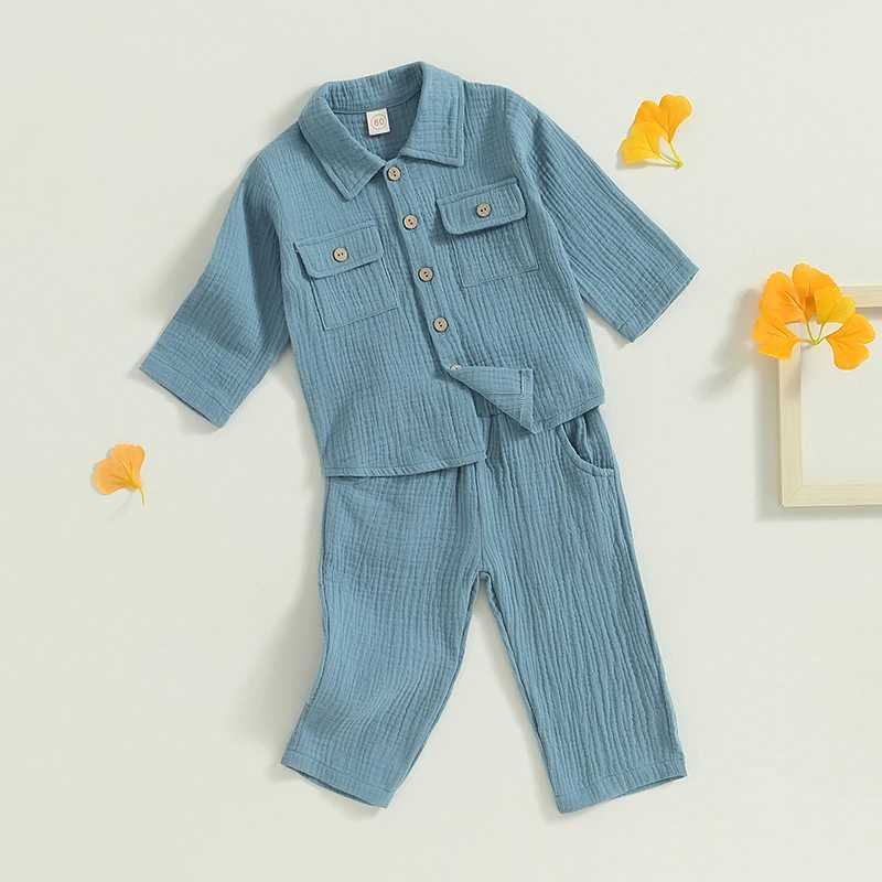 Clothing Sets 0-4Y Baby Boy Autumn Outfits Kids Long Sleeve Button Down Lapel Shirt with Pocket + Pants Set Toddler Casual Clothes R240708