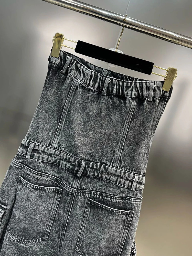 CHICEVER Streetwear Denim Jumpsuits For Women Strapless Sleeveless Off Shoulder High Waist Cargo Pants Y2K Style Jumpsuit Female 240701
