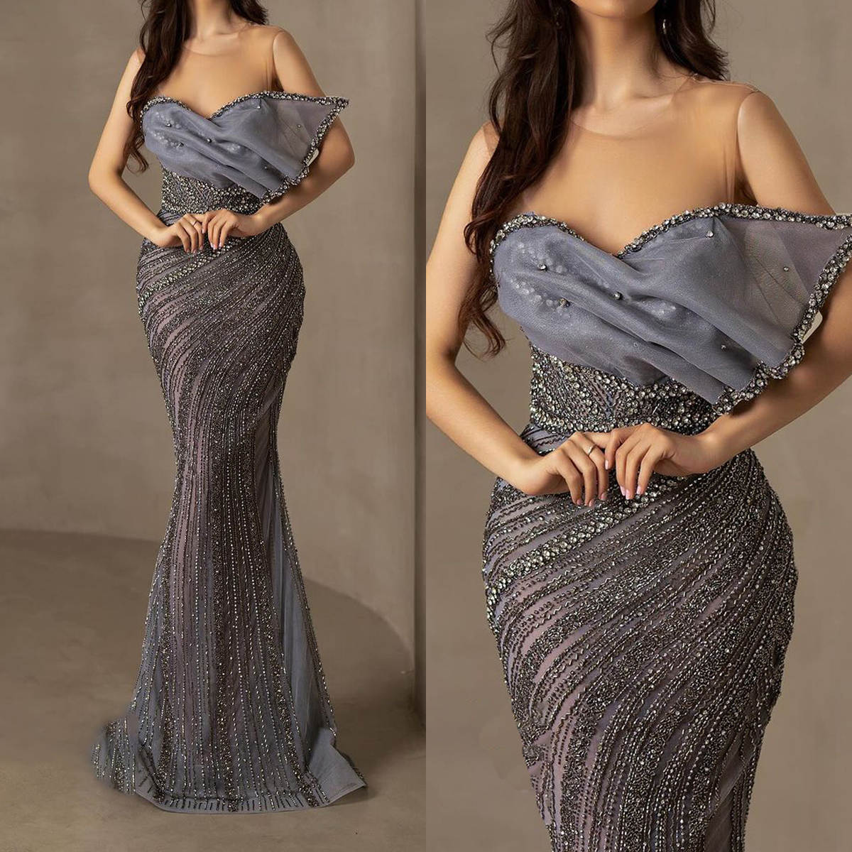 Gorgeous Mermaid Evening Dress Beaded Crystal O Neck Prom Gowns Art Deco-inspired Neck Formal Dresses Vestido De Novia