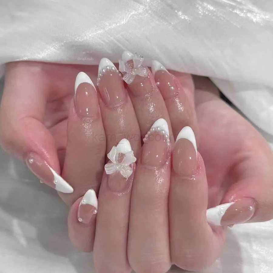 White French Short Press on Nails 3D Bowknot Designs Nude Color Fake Nails Artificial False Nails Tips for Woman DIY ManicureM240708