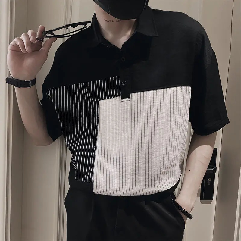 Fashion Lapel Button Spliced Asymmetrical Striped Polo Shirts Mens Clothing 2024 Spring Loose Korean Tops Casual Tee Shirt 240701