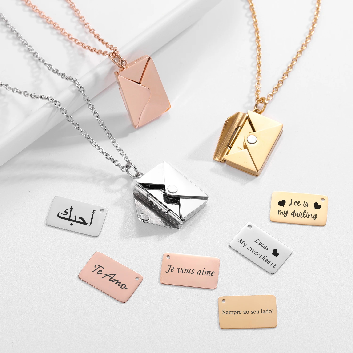 Love Letter Envelope Pendant Necklace With Rose Gift Box Customized Stainless Steel Jewelry Confession Love You for ValentineDay 240626