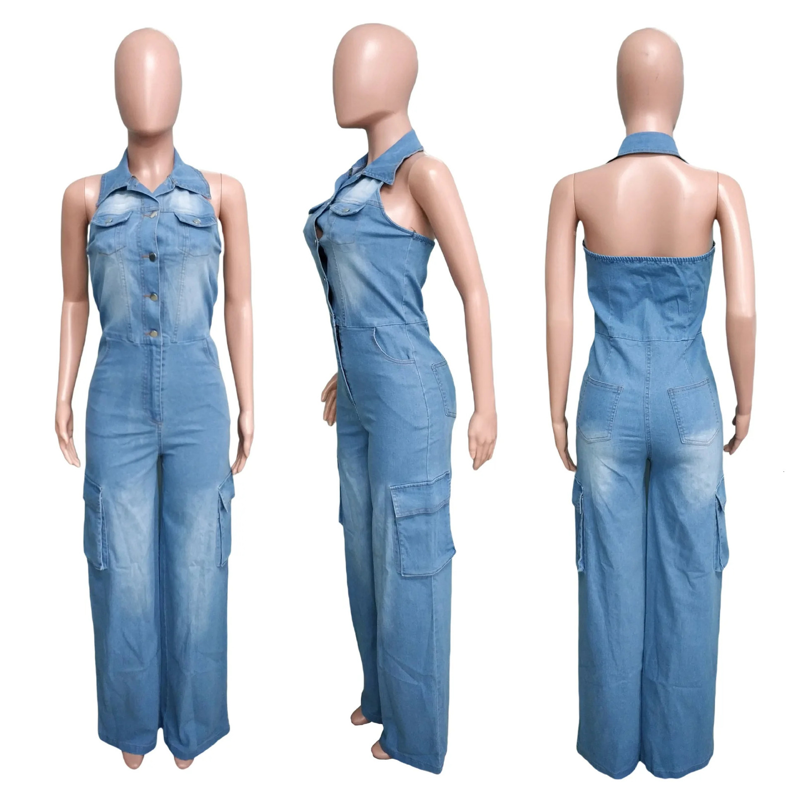 Sexy Denim Jean Jumpsuit 2024 Women Summer Clothes Pocket Cargo Pants Y2K Streetwear One Piece Denim V Neck Rompers Jumpsuits 240701
