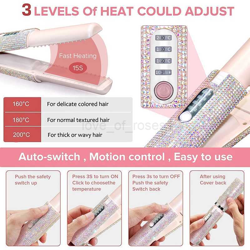 2-IN-1 Electric USB Hair Straightener Curler Fashion Colored Diamond Design Wireless Travel Hair Straightening Styler BrushM240708