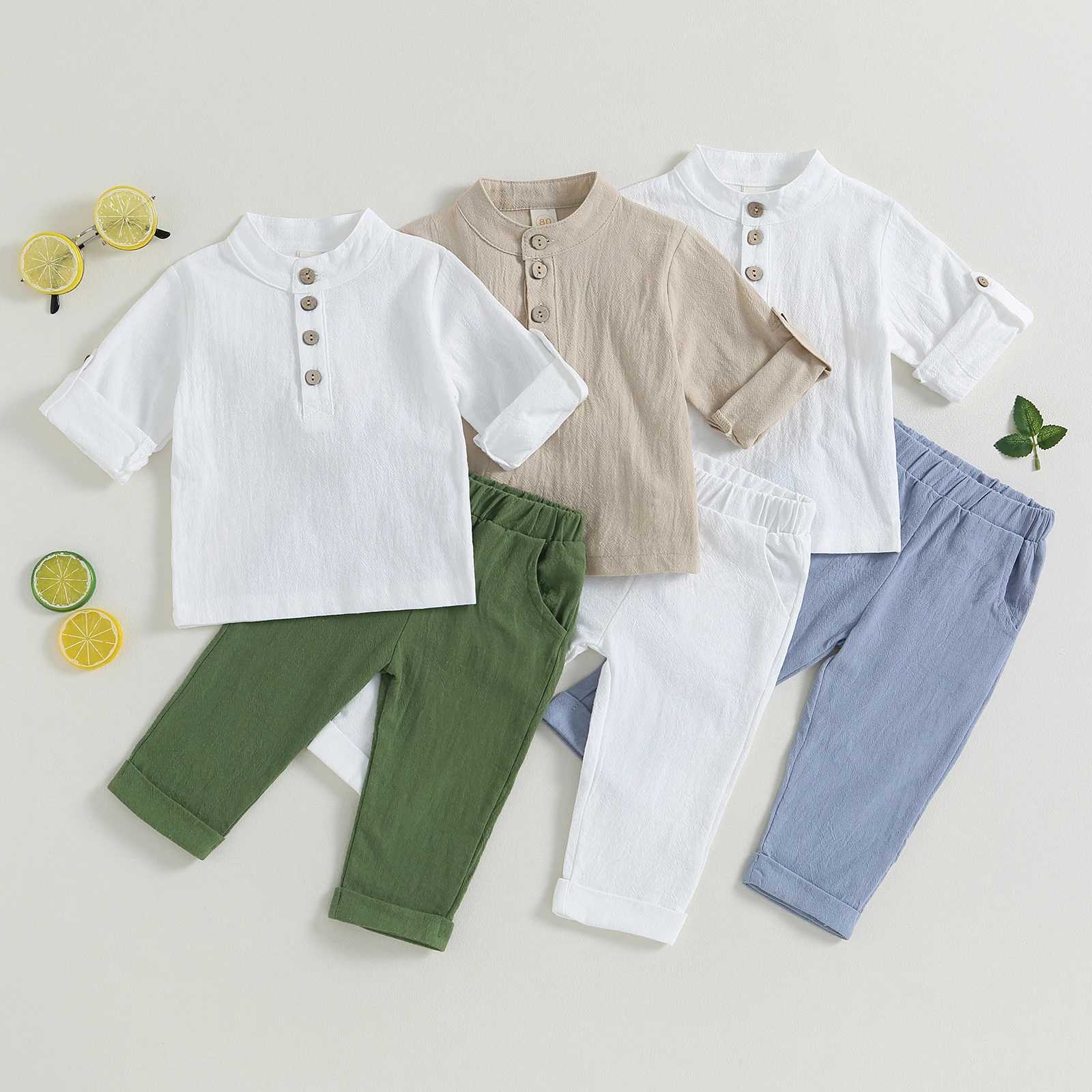 Clothing Sets Pudcoco Kid Baby Boys Summer Outfits Solid Color Buttons Short Sleeve Shirts and Elastic Waist Long Pants 2Pcs Clothes Set 6M-4T R240708
