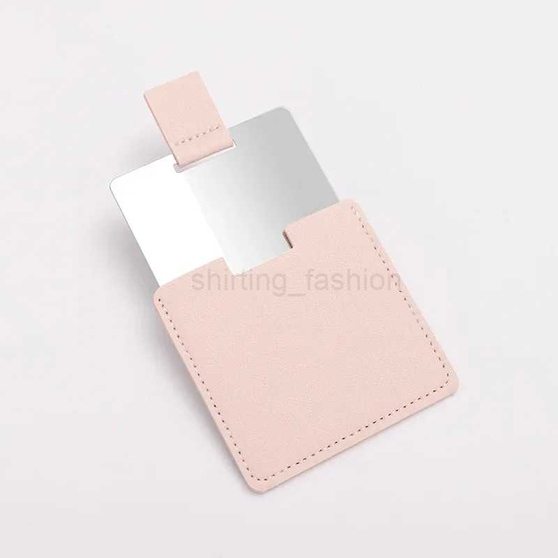 Stainless Steel Makeup Mirror with Leather Sheath Portable Square Pocket Mirror Handle Unbreakable Compact Vanity MirrorCL240708