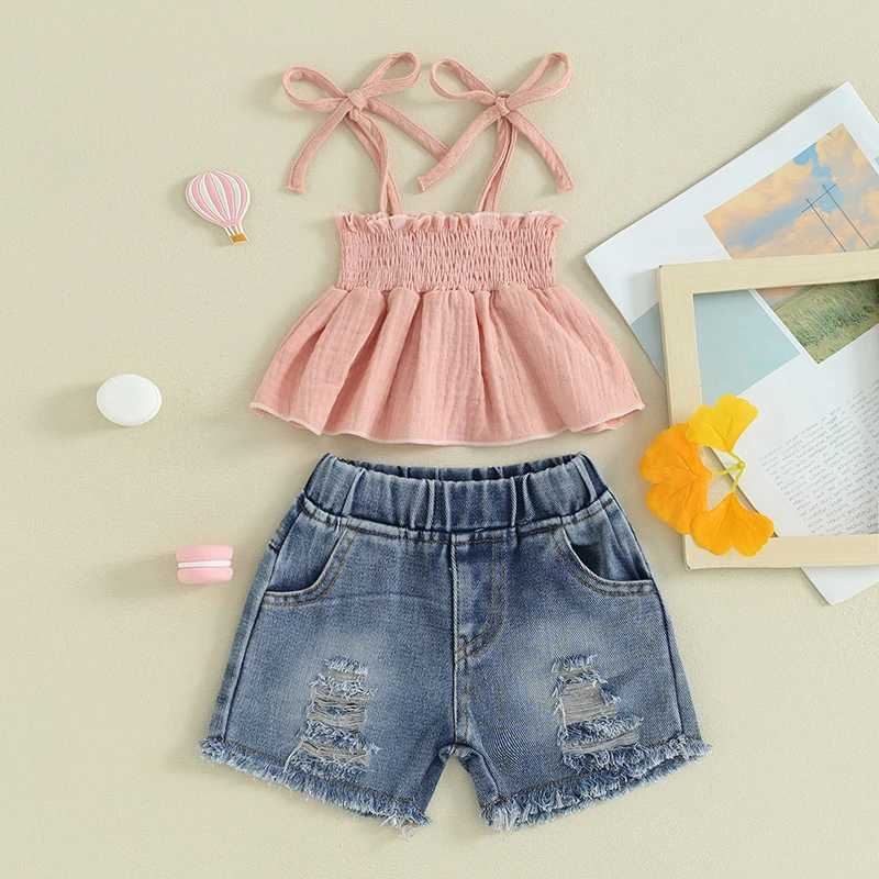 Clothing Sets Pudcoco Kids Baby Girls Shorts Set Tie-up Pleated Camisole with Ripped Denim Shorts Summer 2-piece Outfit 1-5T R240708
