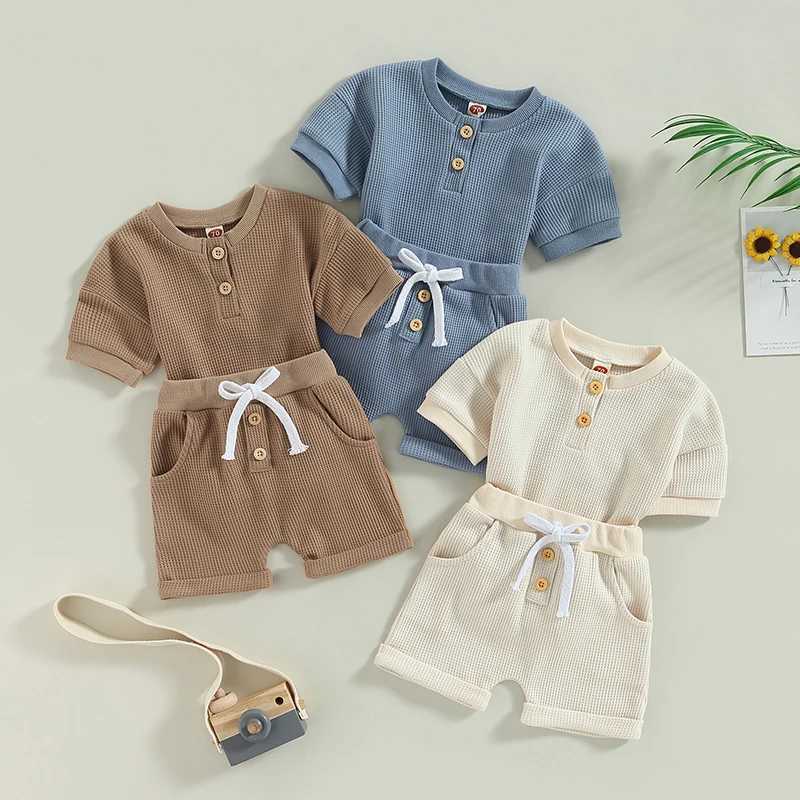 Clothing Sets 2023-02-17 Lioraitiin 0-3Years Infant Boys Summer Clothes Outfits Solid Buttons Crew Neck Short Sleeve Tops Shorts 2Pcs Suit R240708