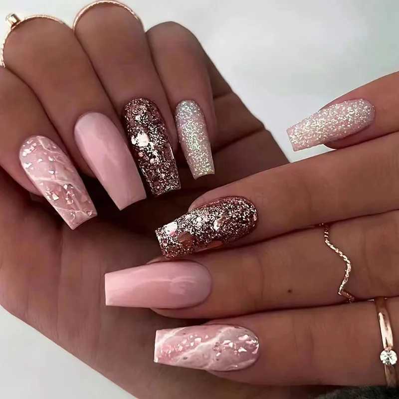 24Pcs Long Coffin False Nails Gold Glitter Sequins Designs Press On Full Cover Fake Nails Tips Wearable Manicure Art AccessoriesM240708