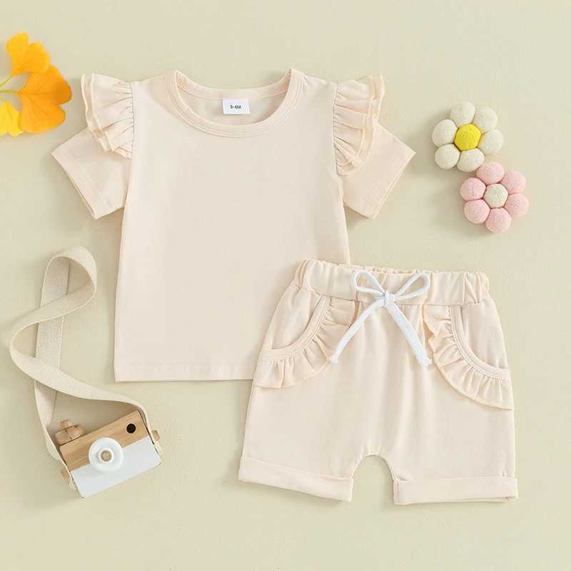 Clothing Sets 2023-12-21 Lioraitiin 0-3Y Kid Baby Girls Clothes Set Short Sleeve Solid O-Neck T-shirt with Elastic Waist Shorts Summer Outfit R240708