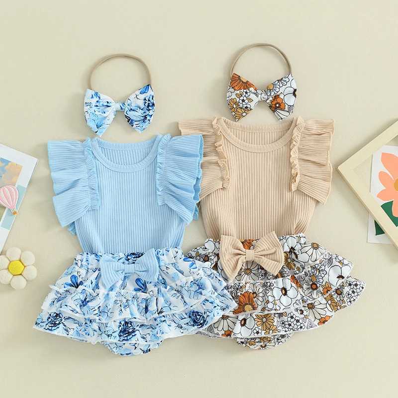 Clothing Sets Pudcoco Baby Girl Summer Clothes Ruffles Romper and Elastic Floral Skirt Shorts Headband Set 3 Piece Outfits 0-18M R240708