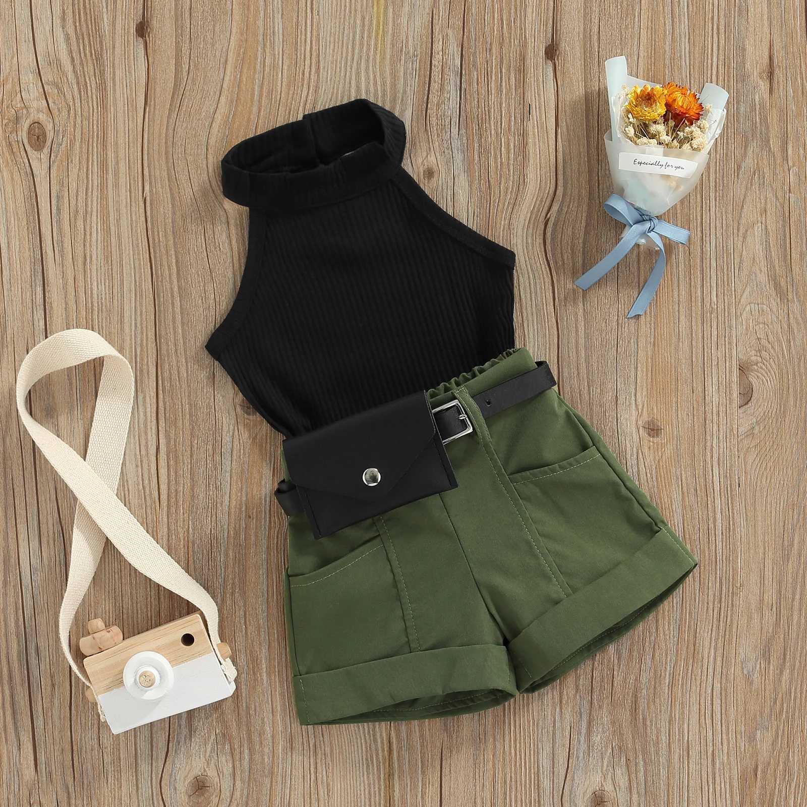 Clothing Sets Toddler Kids Baby Girls 3PCS Summer Outfits Sleeveless Halter Tops + Shorts + Waist Bag Set 6M-4T R240708