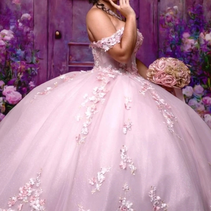 Pink Shiny Sexy Sweetheart Quinceanera Dress Sweet 15 2025 Off Shoulder Applique Lace Flower Tull Vestidos De 15 Anos Ball Gowns