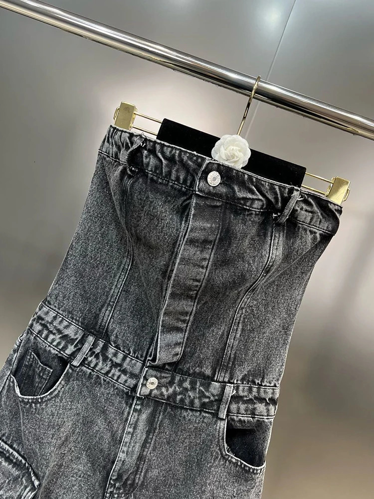 CHICEVER Streetwear Denim Jumpsuits For Women Strapless Sleeveless Off Shoulder High Waist Cargo Pants Y2K Style Jumpsuit Female 240701