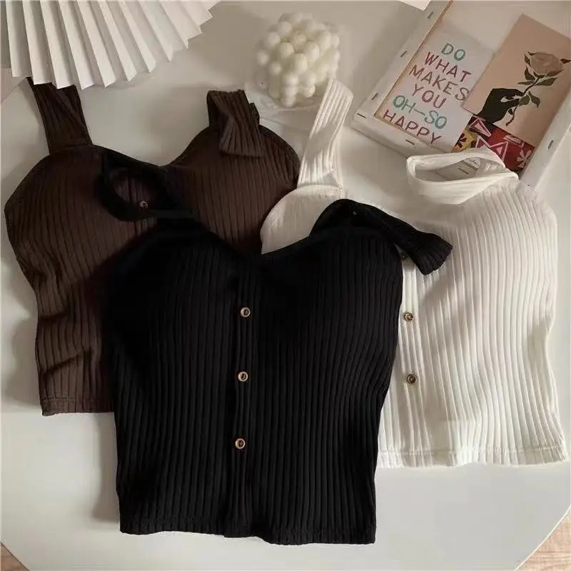 Cute Sleeveless Cropped Tank Top Womens Crop Top Summer Korean Corset Top Camisole Knit Sexy Slim Vest Bra Tops Female Y2k 240703