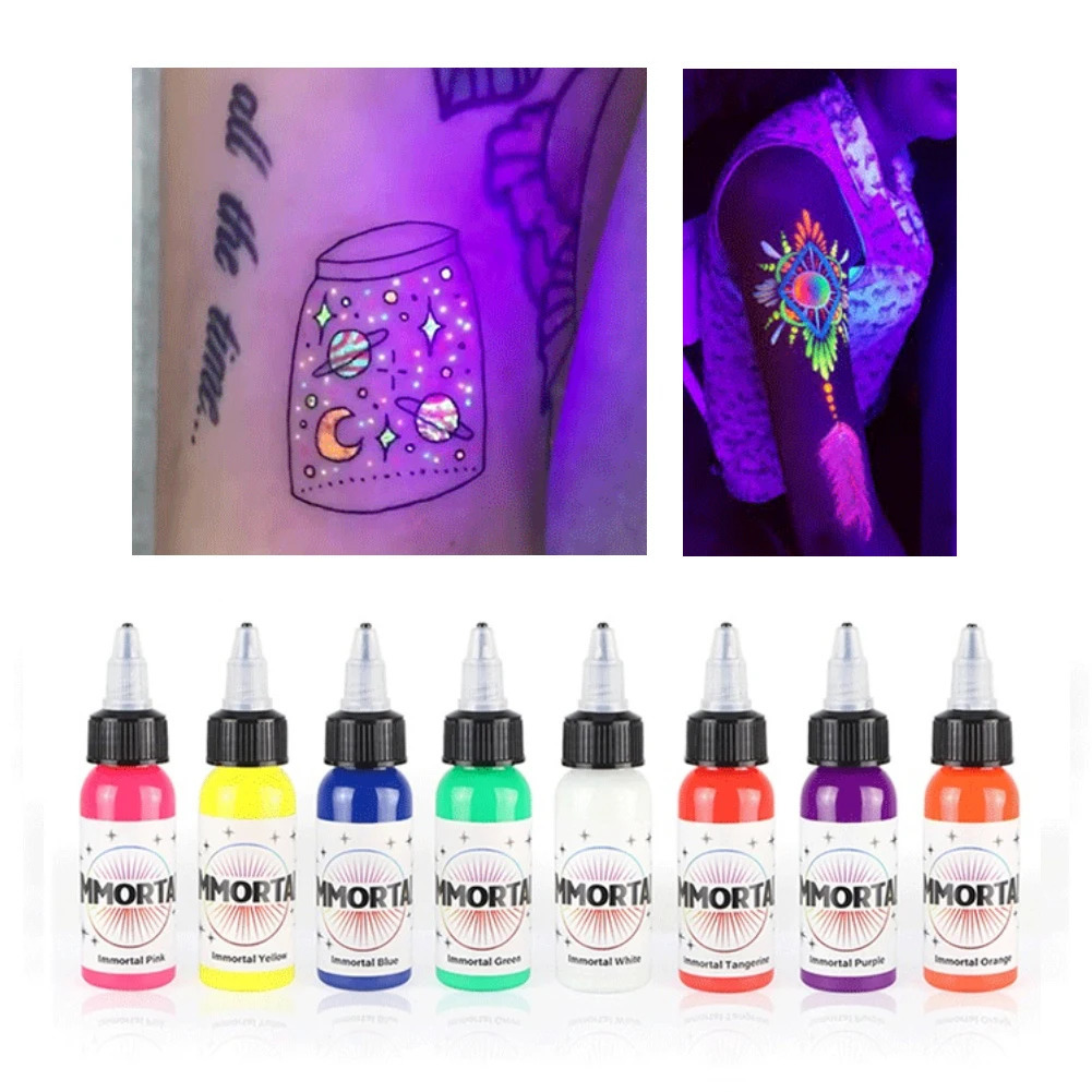 Fluorescent tattoo pigment 8-color purple light professional semi anent micro bead simple coloring body makeup ink 15mL 240705
