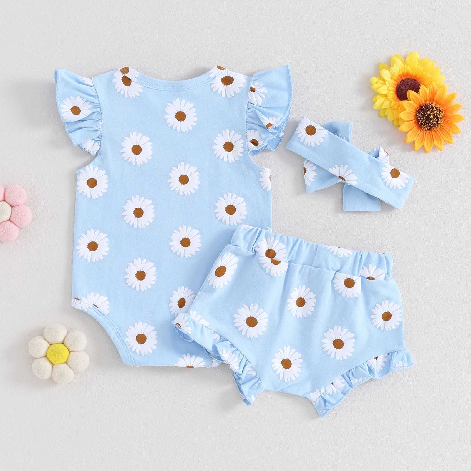Clothing Sets Pudcoco Infant Newborn Baby Girl 3 Piece Clothes Daisy Print Romper and Ruffle Elastic Shorts Headband Set Summer Outfits 0-18M R240708