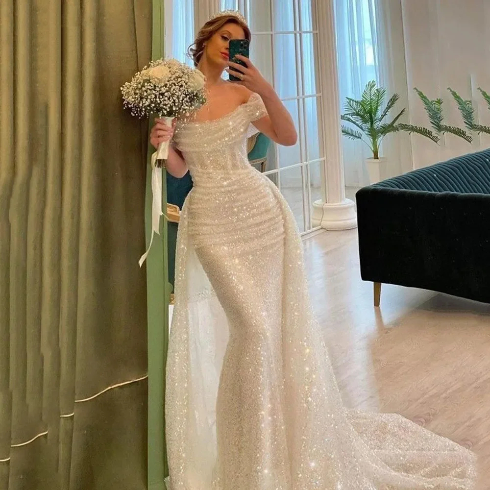 Glitter White Sequined Mermaid Wedding Dresses Off the Shoulder Long Train Bridal Gowns Detachable Overskirt 2024 Bride Reception Dress