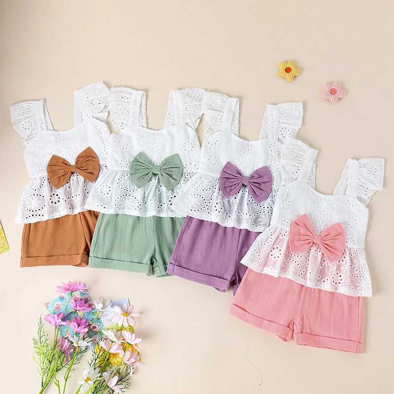 Clothing Sets Pudcoco Girls Shorts Set Ruffles Flutter Sleeve Hollow Eyelet Embroidery Camisole Tops Elastic Waistband Shorts Outfits 6M-4T R240708