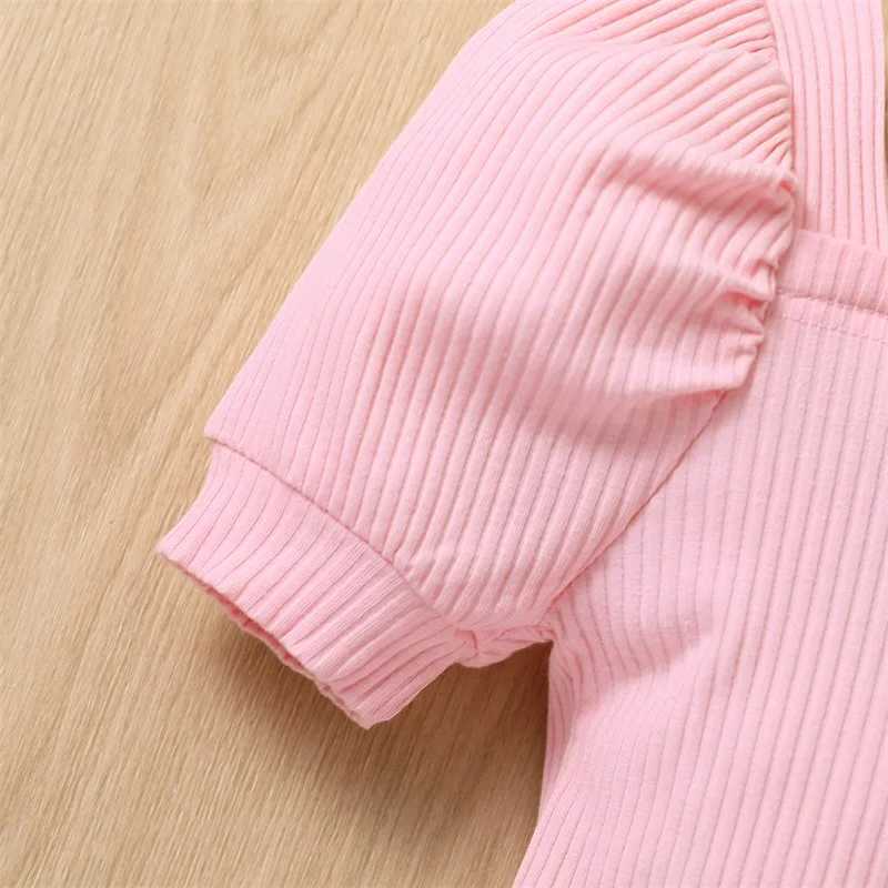 Clothing Sets 2023-02-21 Lioraitiin 0-6Years Toddler Girls 2Pcs Summer Outfit Sets Pink Short Sleeve Knit Ribbed Tops Brown Button Shorts R240708