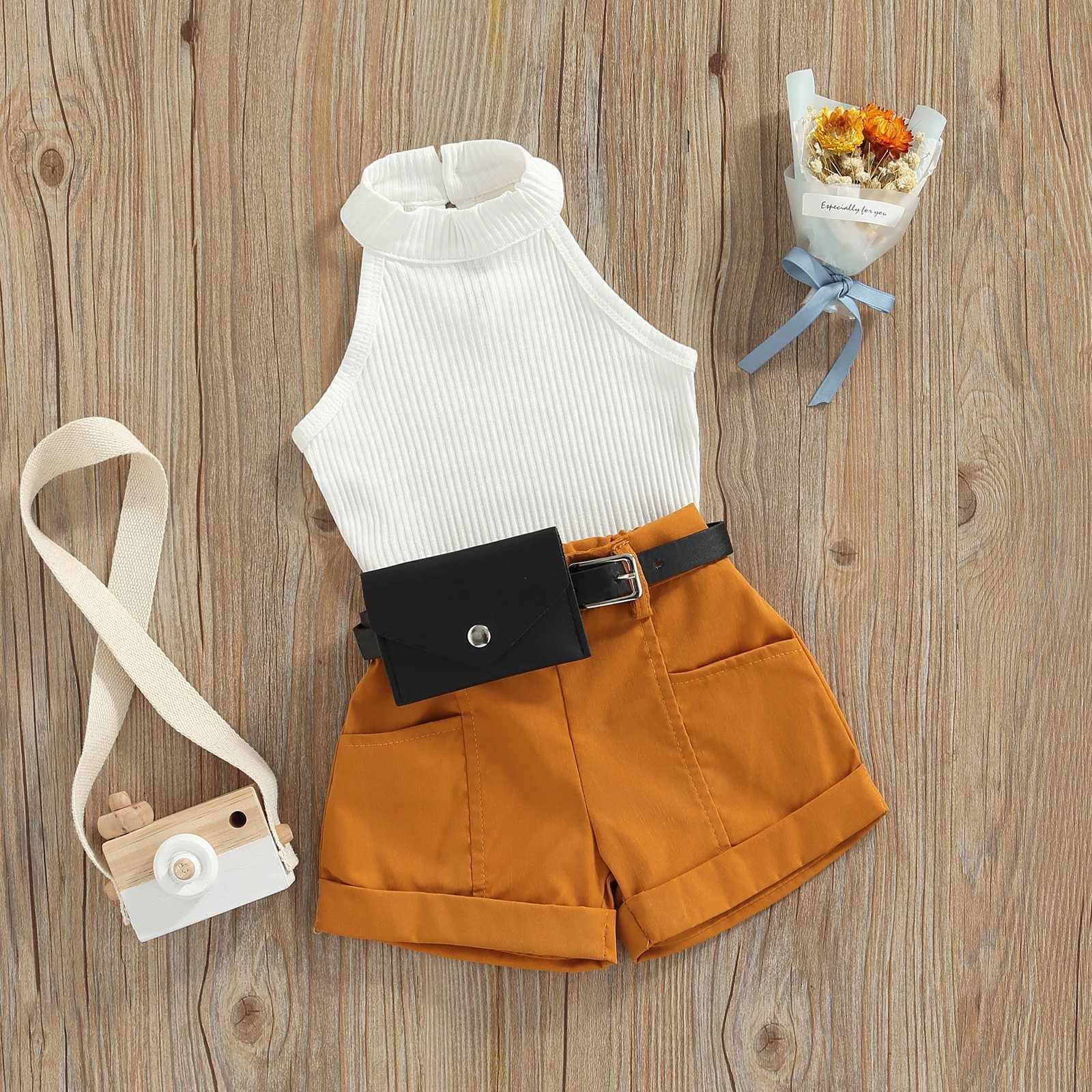 Clothing Sets Toddler Kids Baby Girls 3PCS Summer Outfits Sleeveless Halter Tops + Shorts + Waist Bag Set 6M-4T R240708