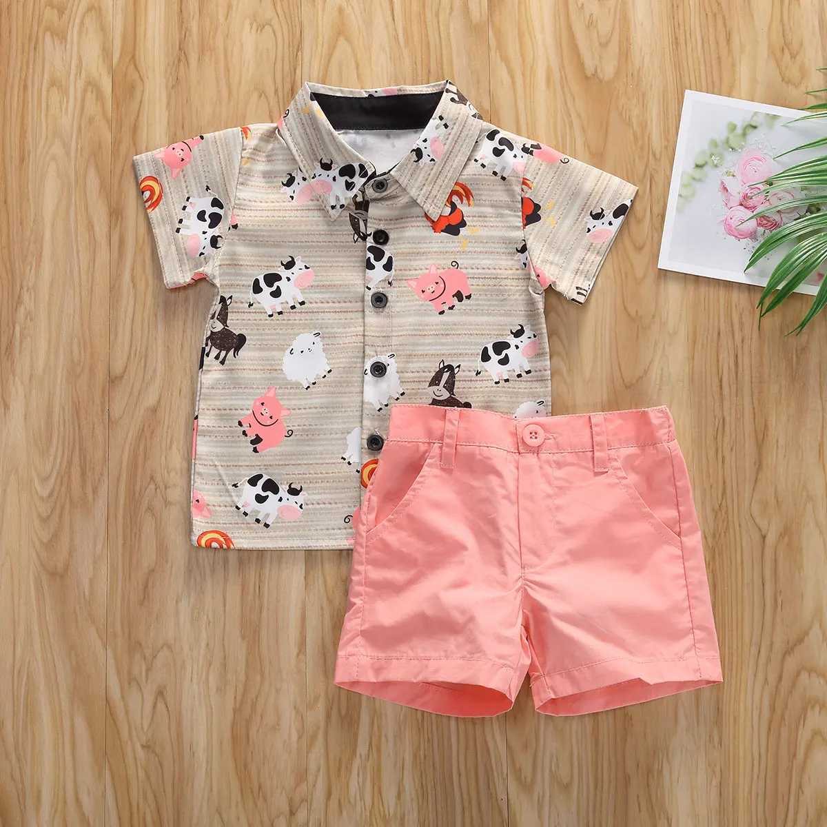 Clothing Sets Lioraitiin 0-5years Toddler Boy Summer Clothes Set Short Sleeve Printed Button Shirt+Solid Color Shorts Outfit R240708
