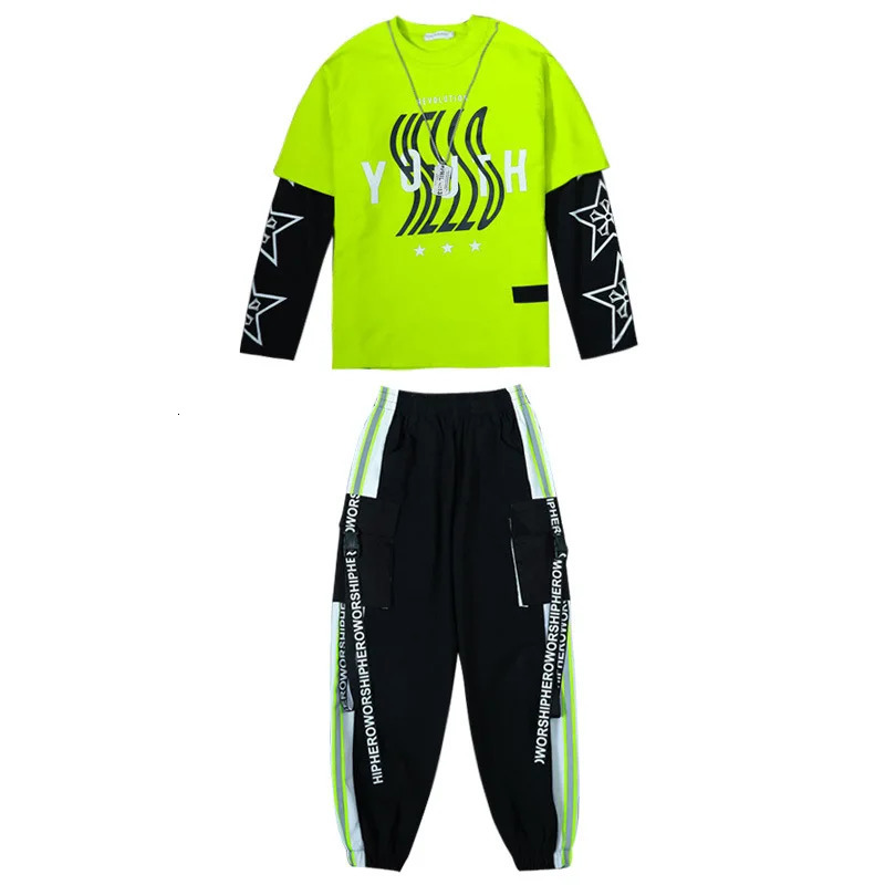 Kids Fashion Hip Hop Clothing Oversize Green Hoodie Streetwear Black Cargo Shorts For Girls Boys Jazz Dance Costume Clothes 240703