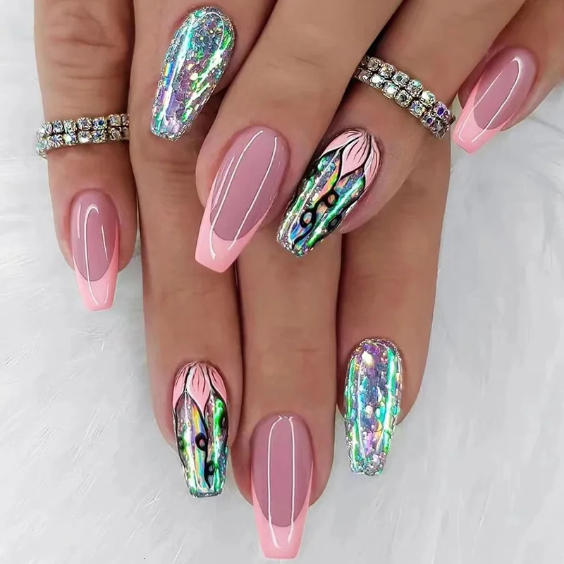 24Pc/Lot Light Pink Blue Gradient Long Ballet False Nail Acrylic Pressing Nail Tip Detachable Artificial Wear False Nail Art 240705
