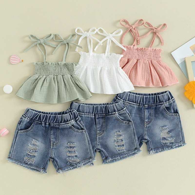 Clothing Sets Pudcoco Kids Baby Girls Shorts Set Tie-up Pleated Camisole with Ripped Denim Shorts Summer 2-piece Outfit 1-5T R240708