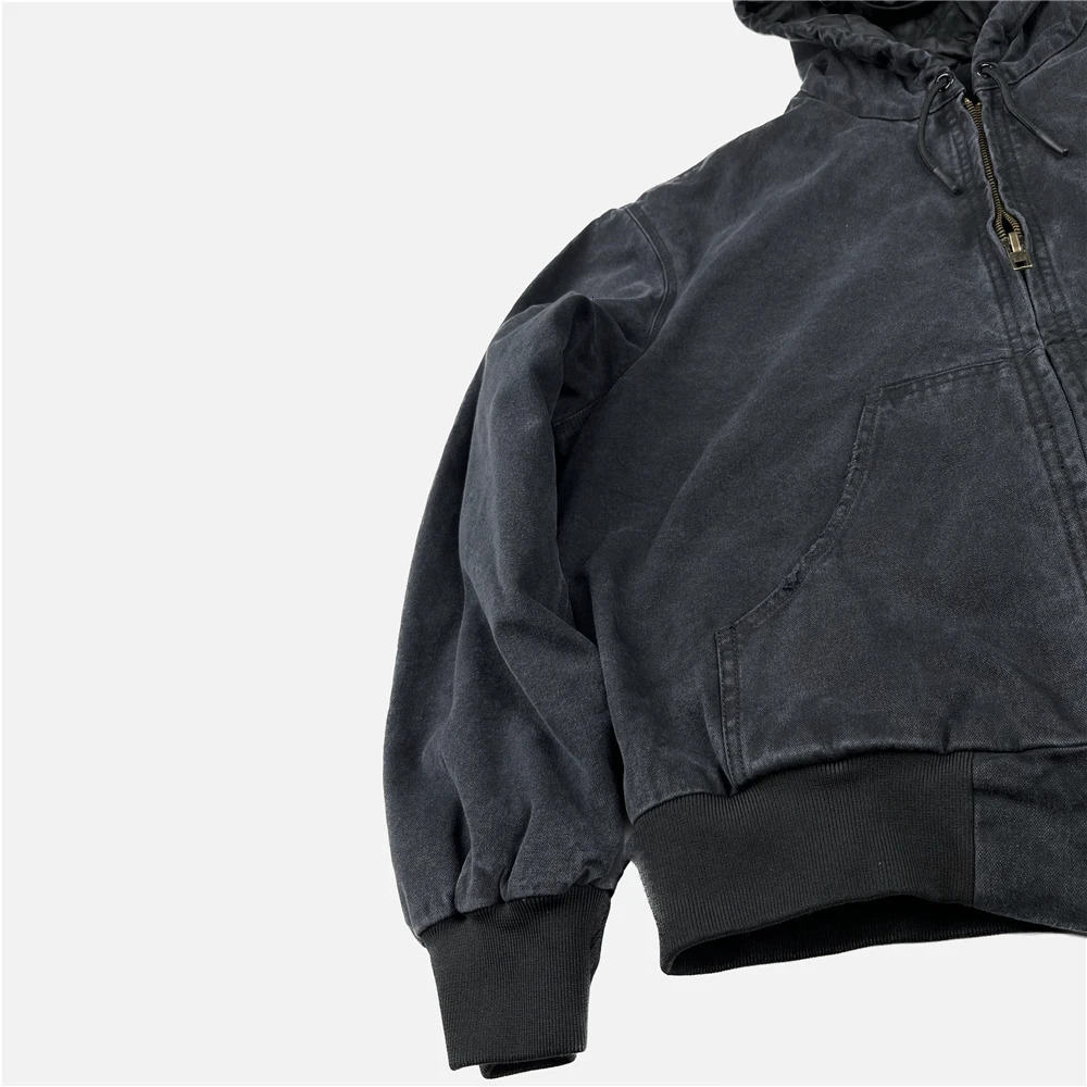 Washed Canvas Padded Jacket Men Unisex Zipper Hooded Coat Streetwear 240701