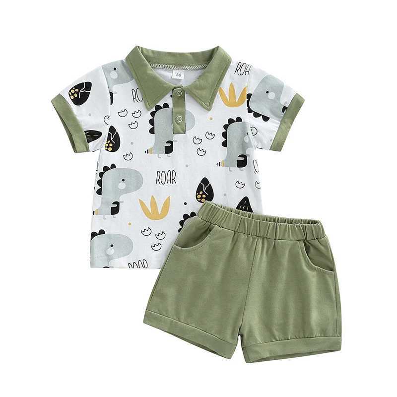 Clothing Sets Toddler Kids Boys Casual Suit Cartoon Dinosaur Printed Lapel Short Sleeve Tops+Solid Color Short Pants Summer Outfit